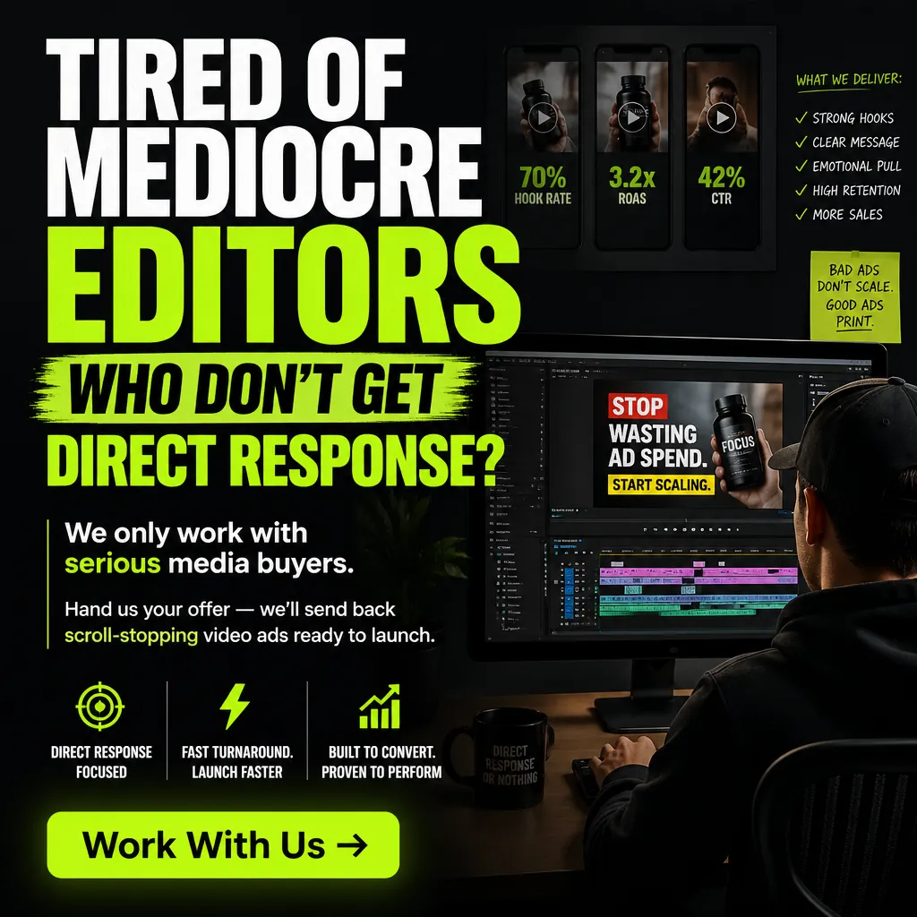 Tired Of Mediocre Editors Who Don't Get Direct Response? — AdsBabe Facebook & TikTok video ad creative #1