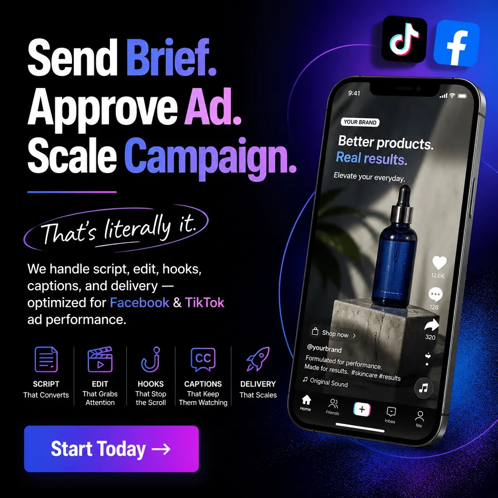 Send Brief. Approve Ad. Scale Campaign. — AdsBabe Facebook & TikTok video ad creative #2