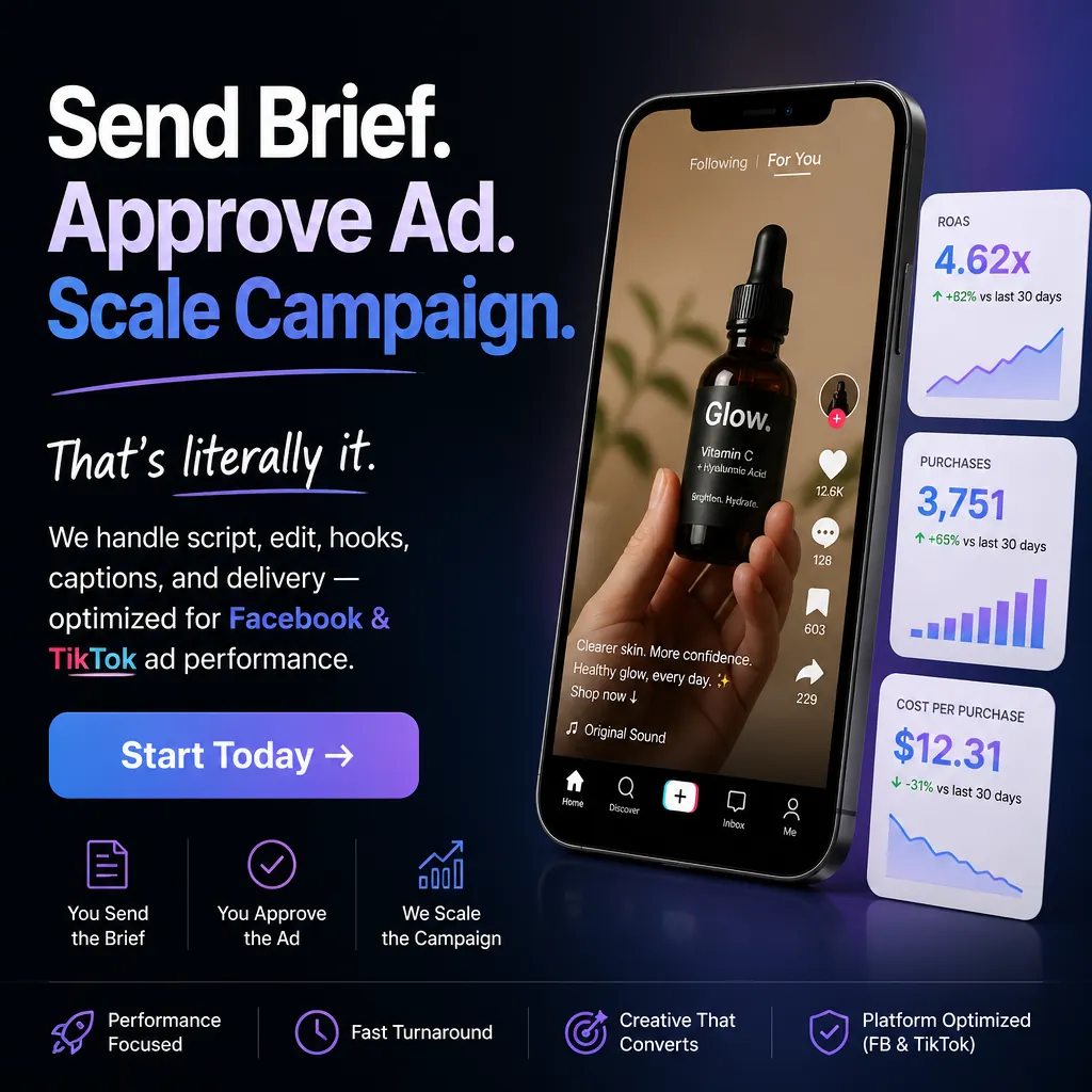 Send Brief. Approve Ad. Scale Campaign. — AdsBabe Facebook & TikTok video ad creative #3