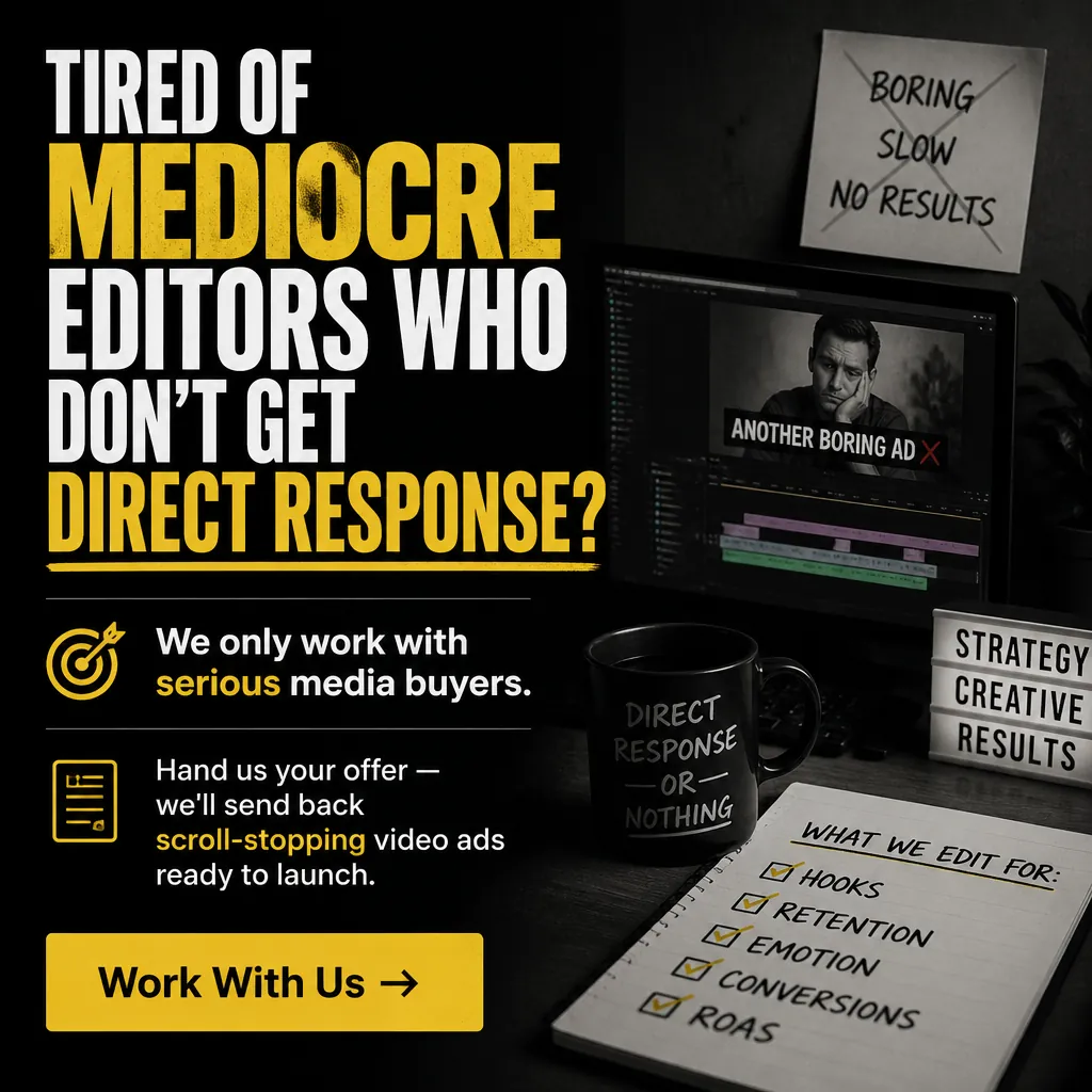 Tired Of Mediocre Editors Who Don't Get Direct Response? — AdsBabe Facebook & TikTok video ad creative #3